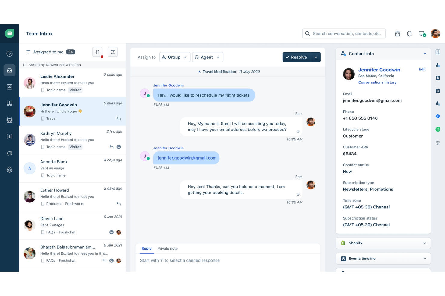 Freshworks team inbox showing chat conversation and customer contact info panel.