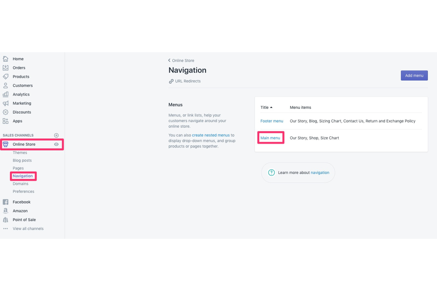 Página de navegación de Shopify que muestra los menús Principal y Pie de página con los elementos del menú enumerados.