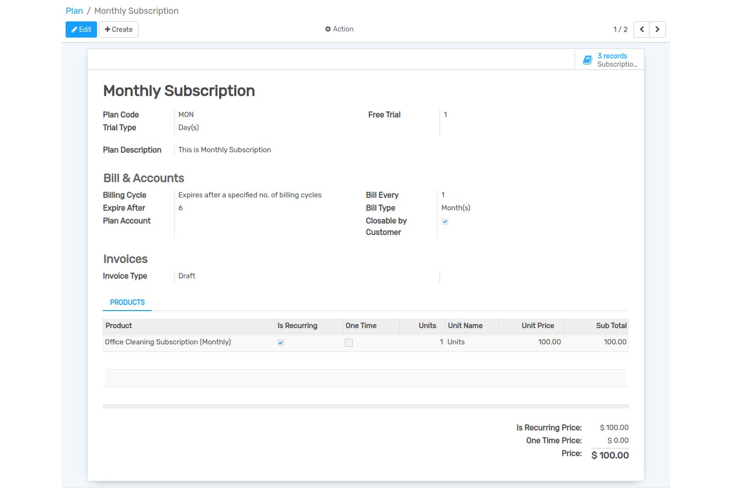 Flectra monthly subscription plan form showing billing cycle, products, and pricing details.