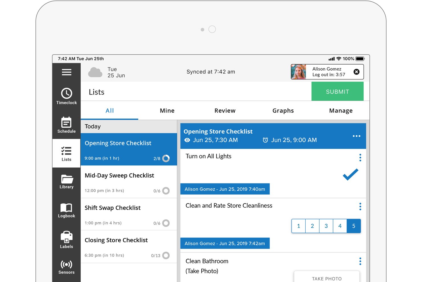 Jolt app showing Opening Store Checklist with tasks, ratings, and photo prompts.