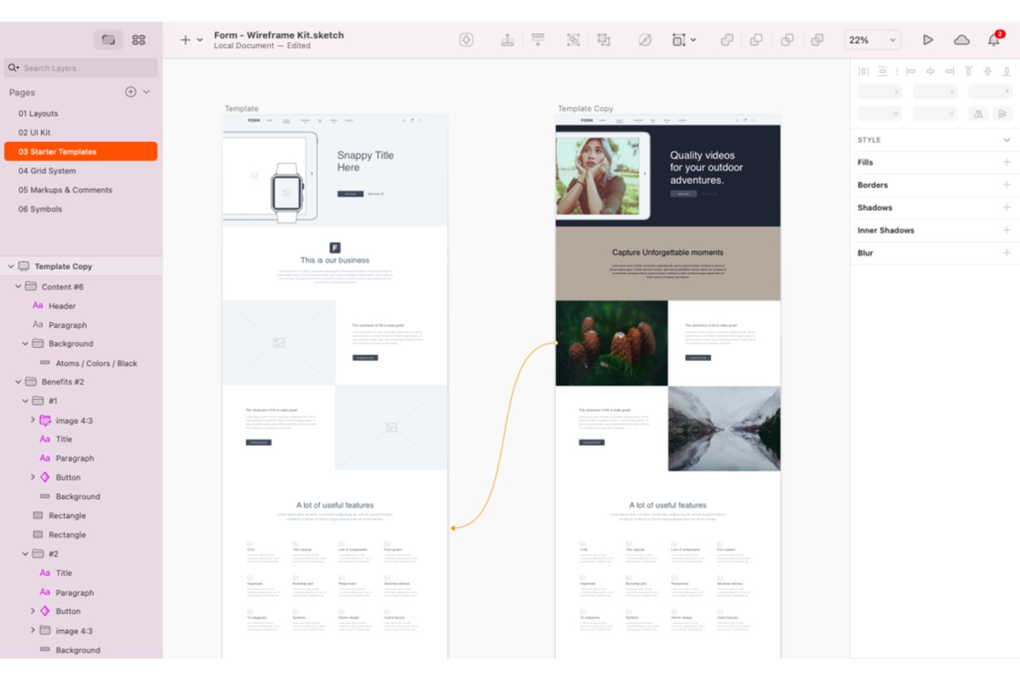 Interfaccia di Sketch per la creazione di schemi strutturali che mostra due composizioni di siti web con modelli riutilizzabili, livelli, blocchi di contenuto, immagini, pulsanti e controlli di progettazione.