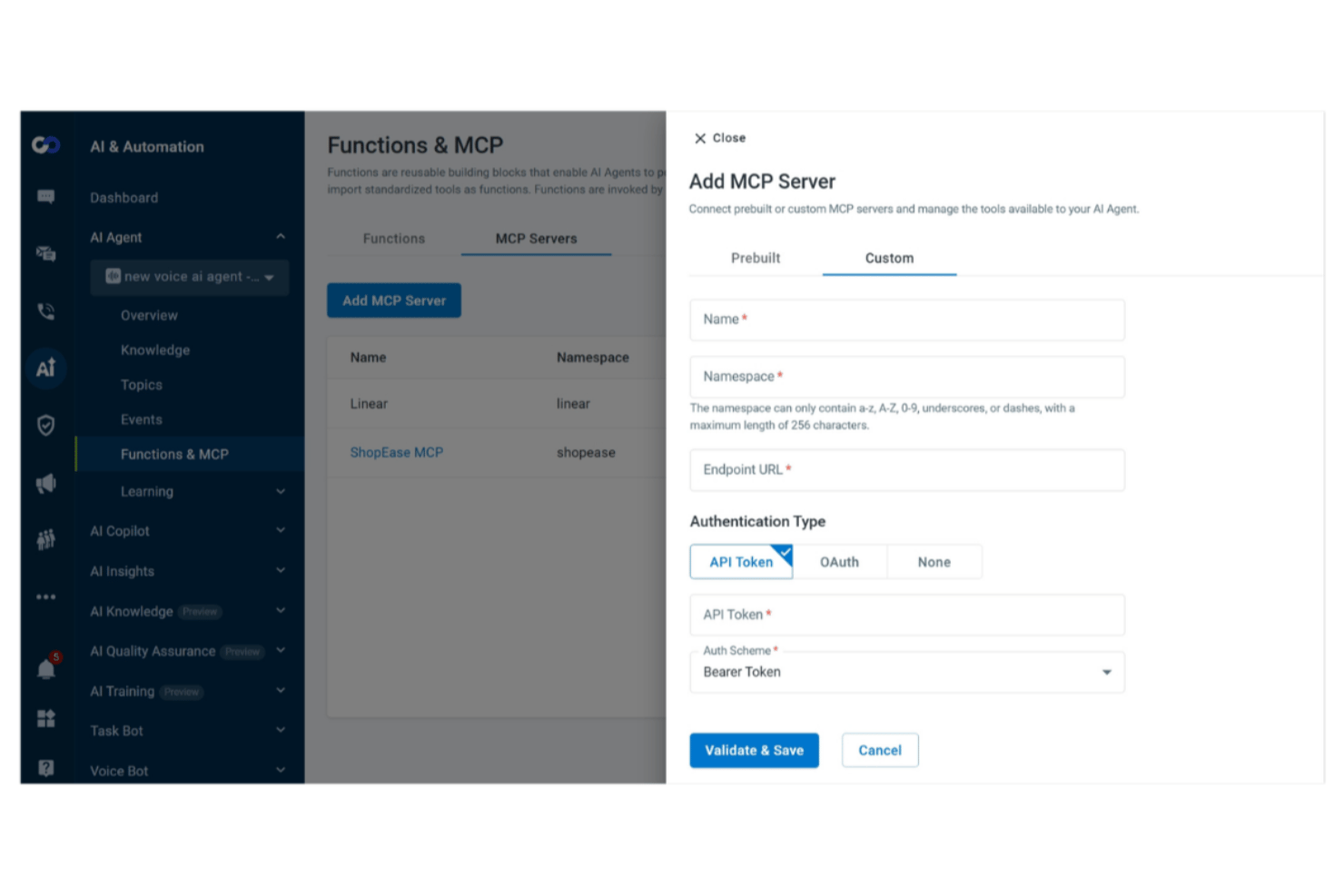 Add MCP Server form with name, namespace, endpoint URL, and API token fields.