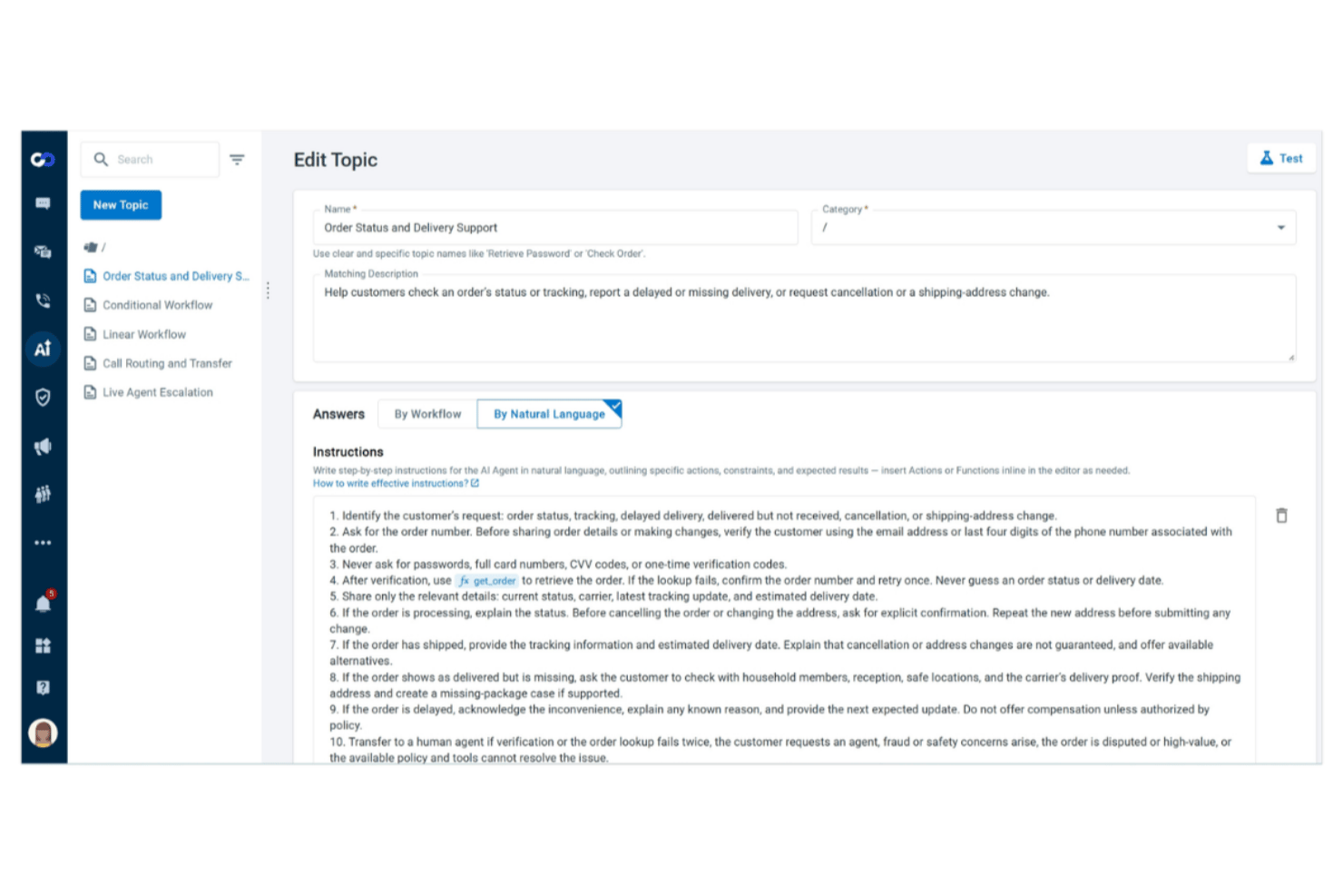 Edit Topic interface showing AI agent instructions for order status support.