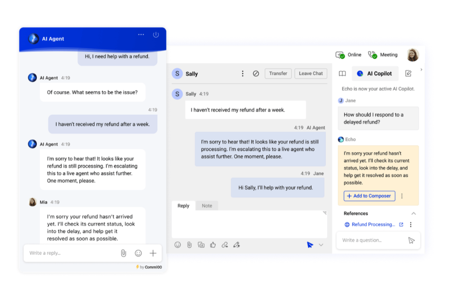 Comm100 chat interface showing AI agent escalation to live agent with AI Copilot panel.