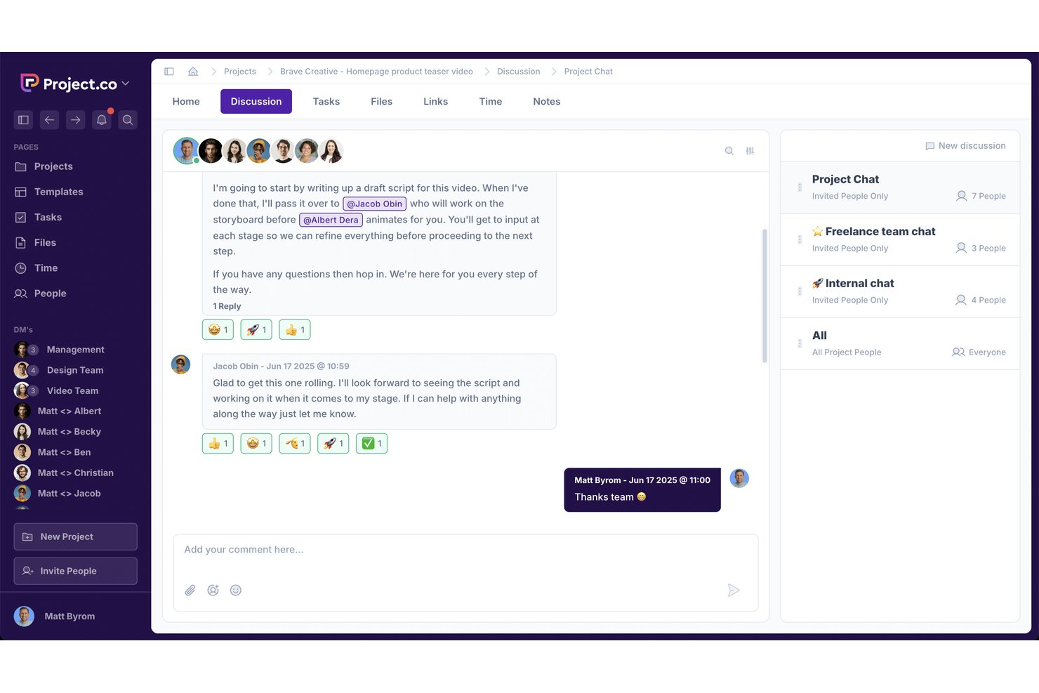 Project.co discussion panel showing team chat messages, emoji reactions, and sidebar discussion channels.