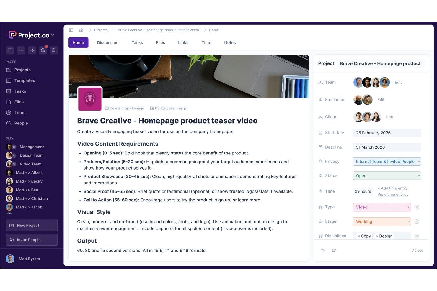 Pagina principale di un progetto Project.co che mostra il video brief, i membri del team, la scadenza e i campi di stato.