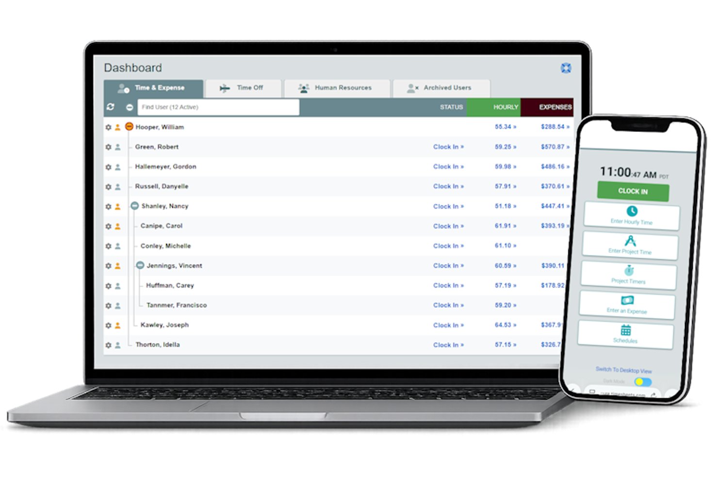 Timesheets.com dashboard on laptop and mobile showing employee time and expense tracking.