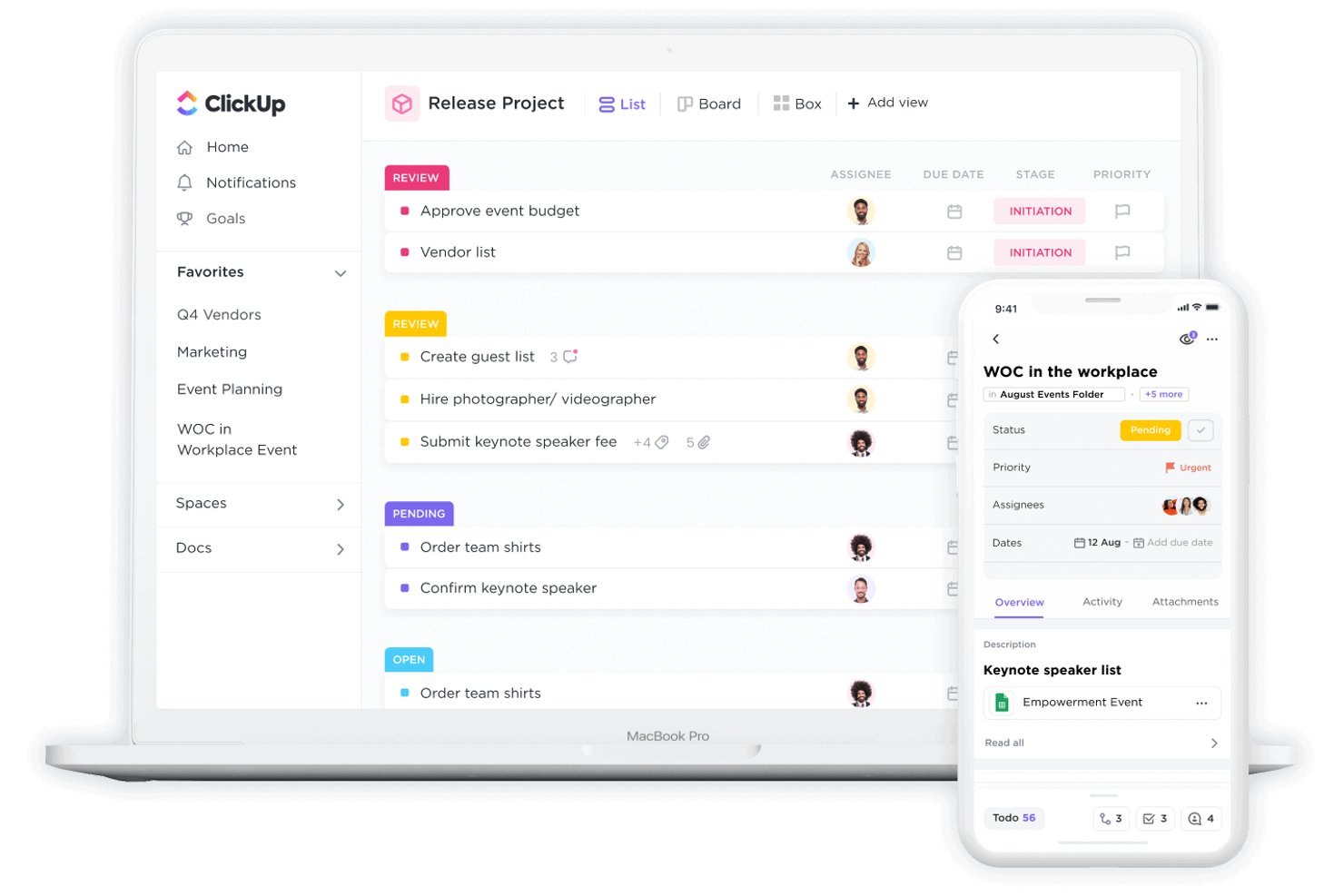 ClickUps projektlista och mobilvy som visar uppgifter och statusar för evenemangsplanering.