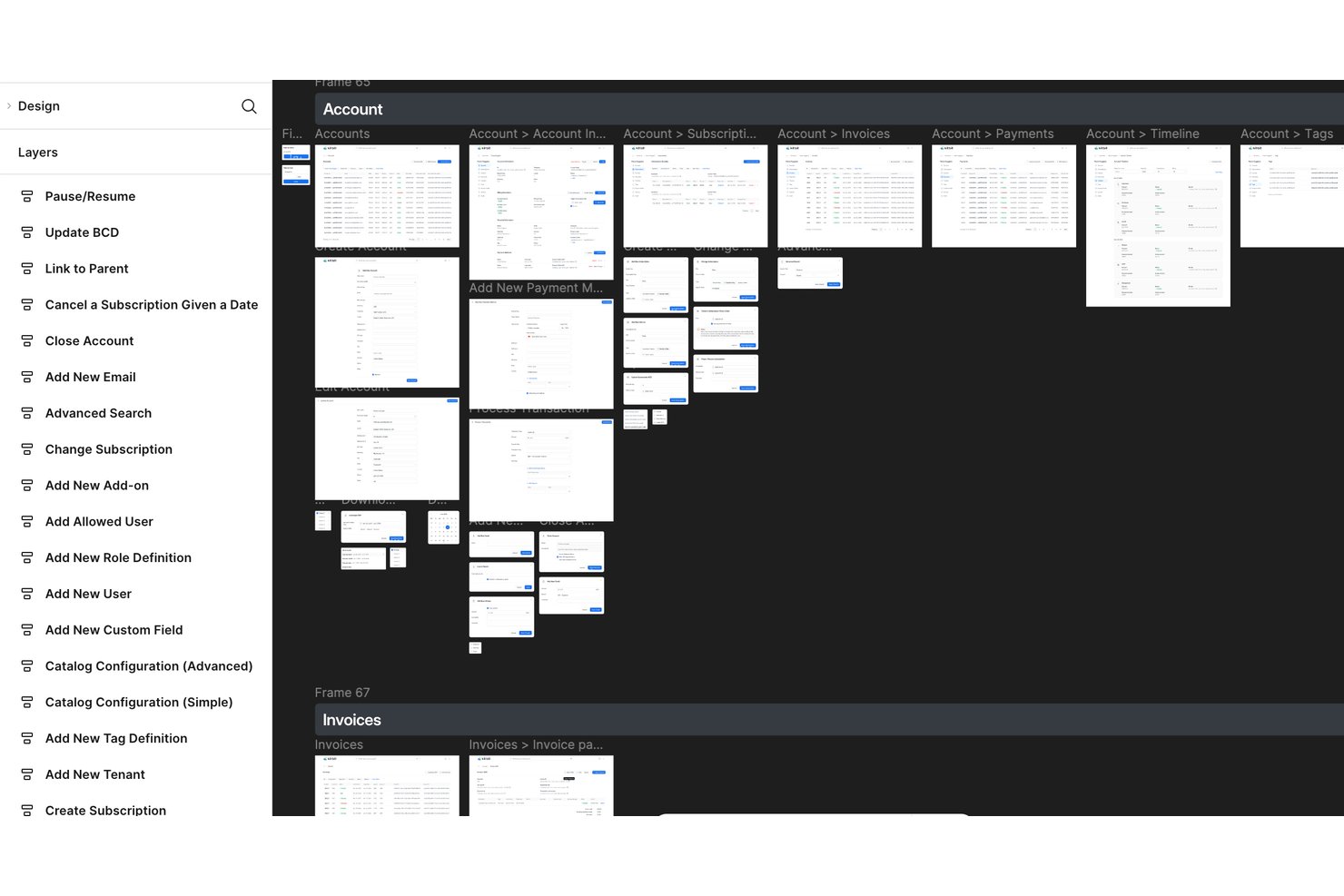 Kill Bill Kaui design panel showing account and invoice workflow screens in Figma.