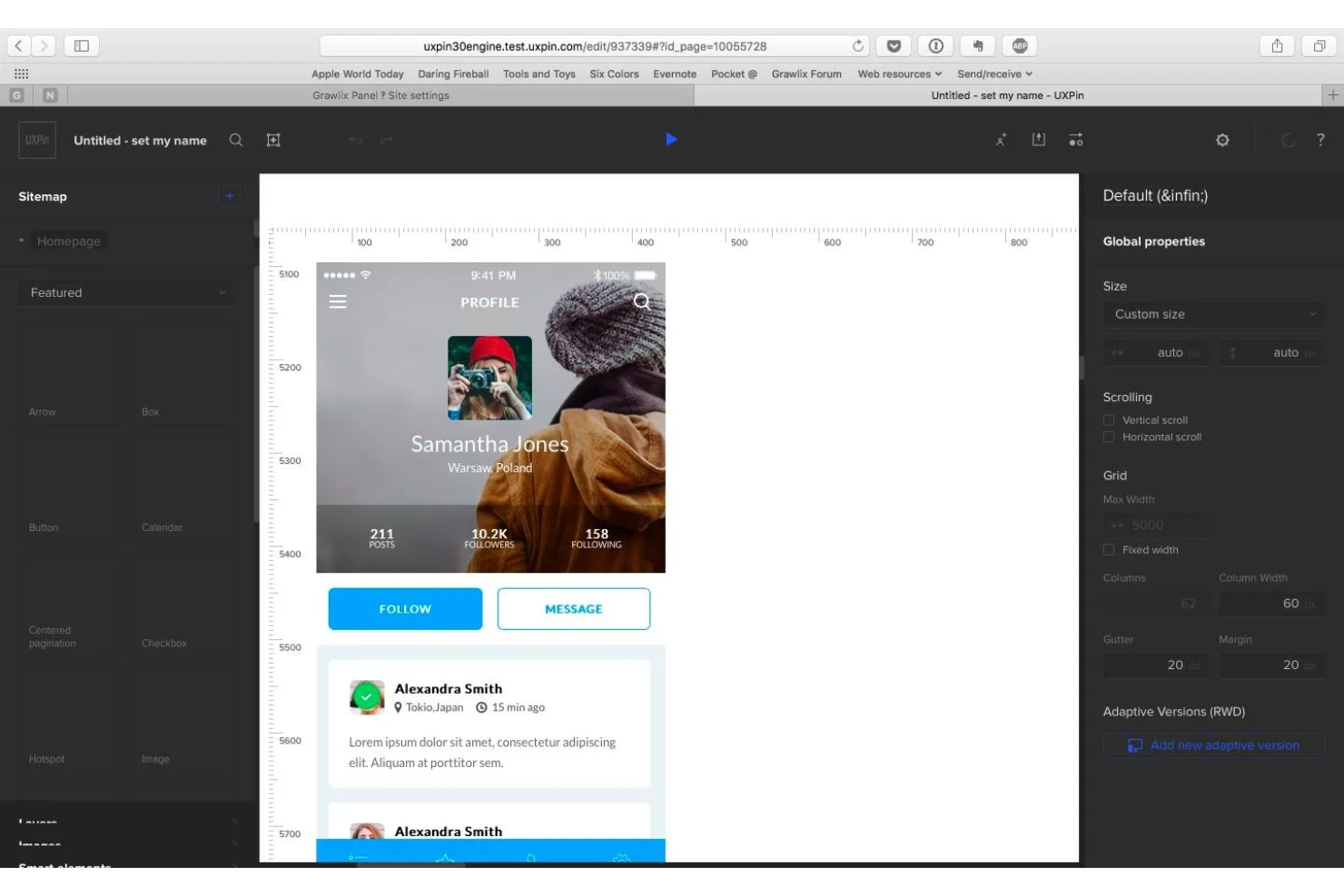 Editor di progettazione di UXPin che mostra un wireframe di un profilo mobile con navigazione, dettagli del profilo, pulsanti, schede di contenuto e impostazioni per il layout responsivo.
