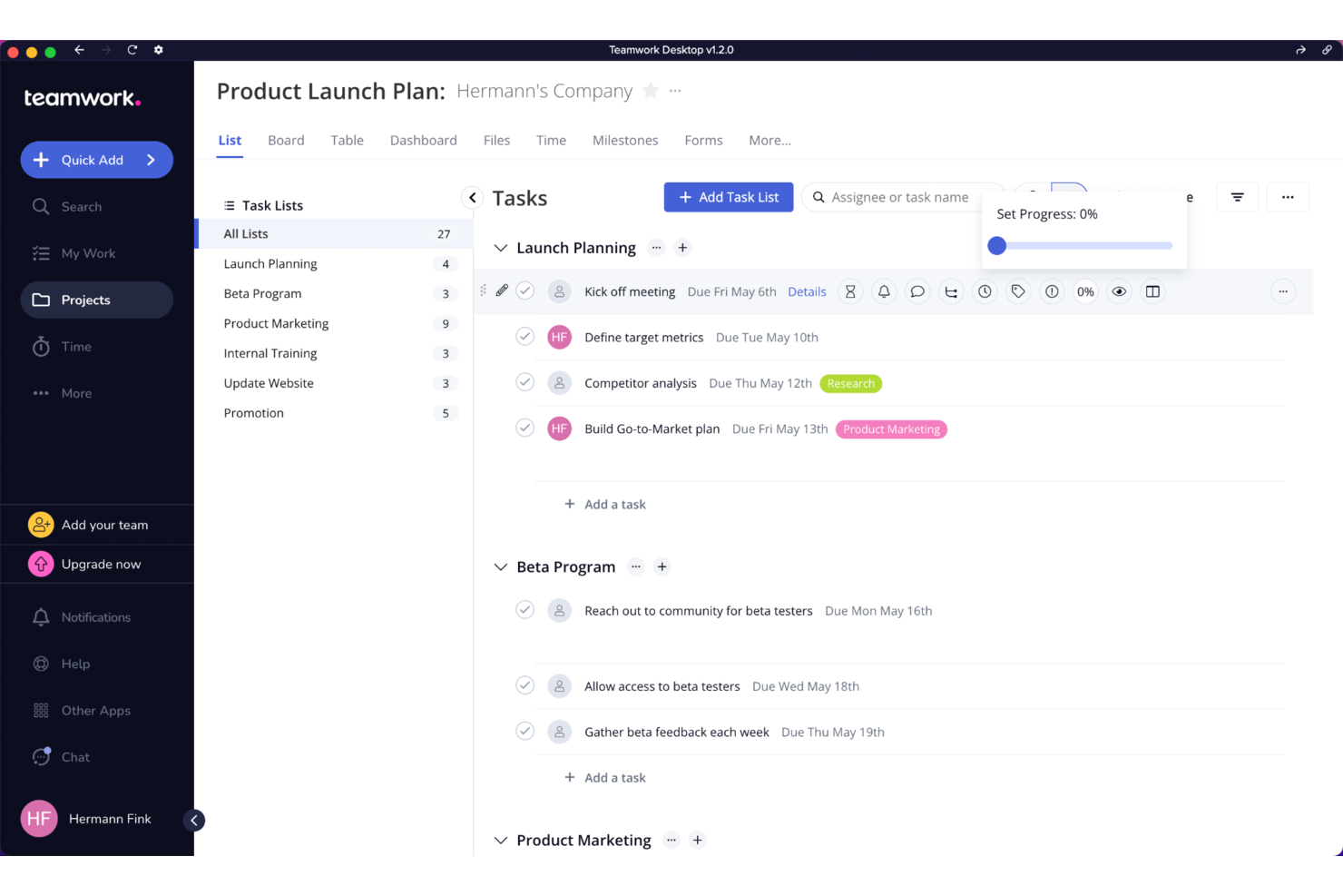 Teamwork desktop app showing a product launch plan with task lists and due dates.