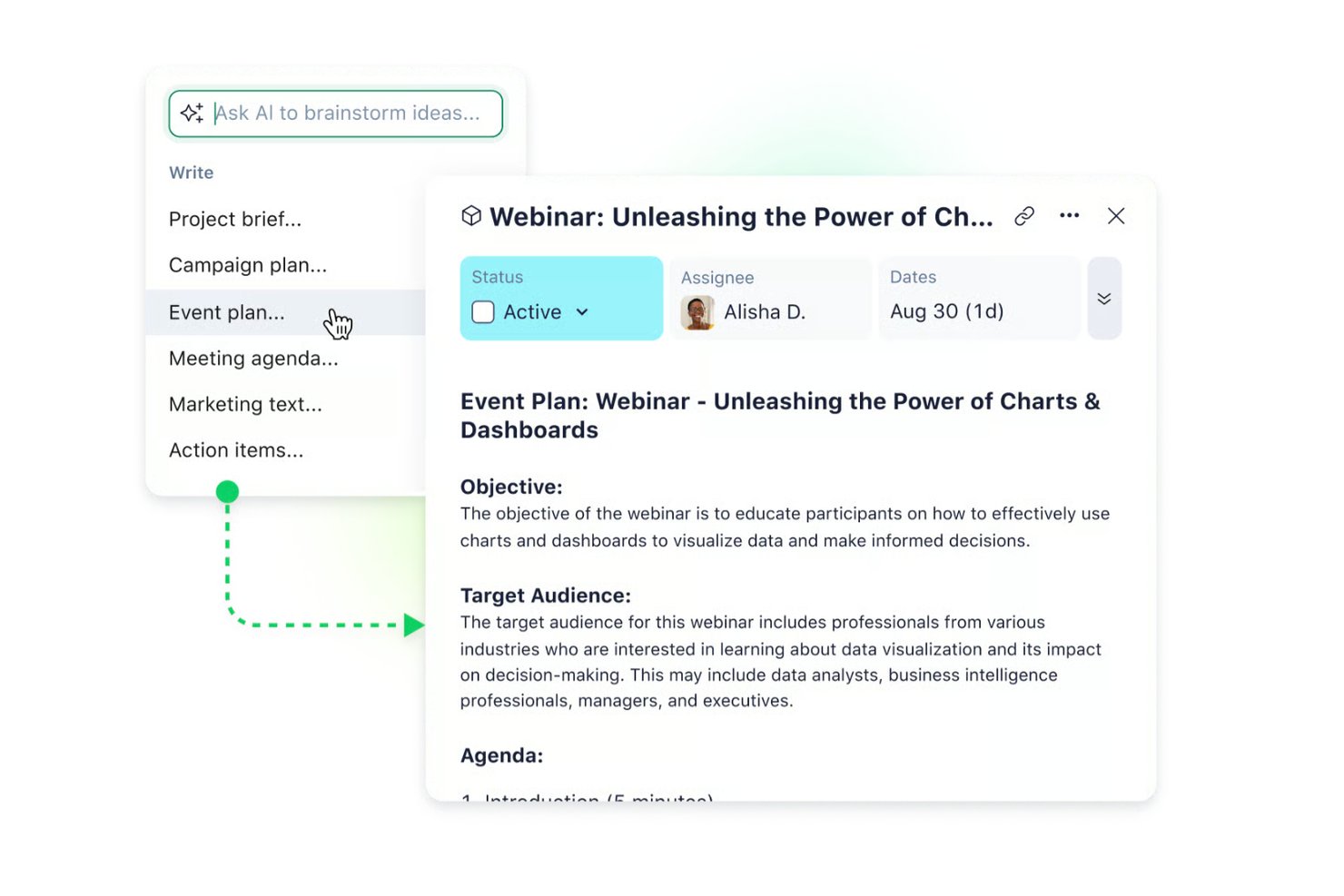 AI menu with writing options next to a webinar event plan task detail panel.