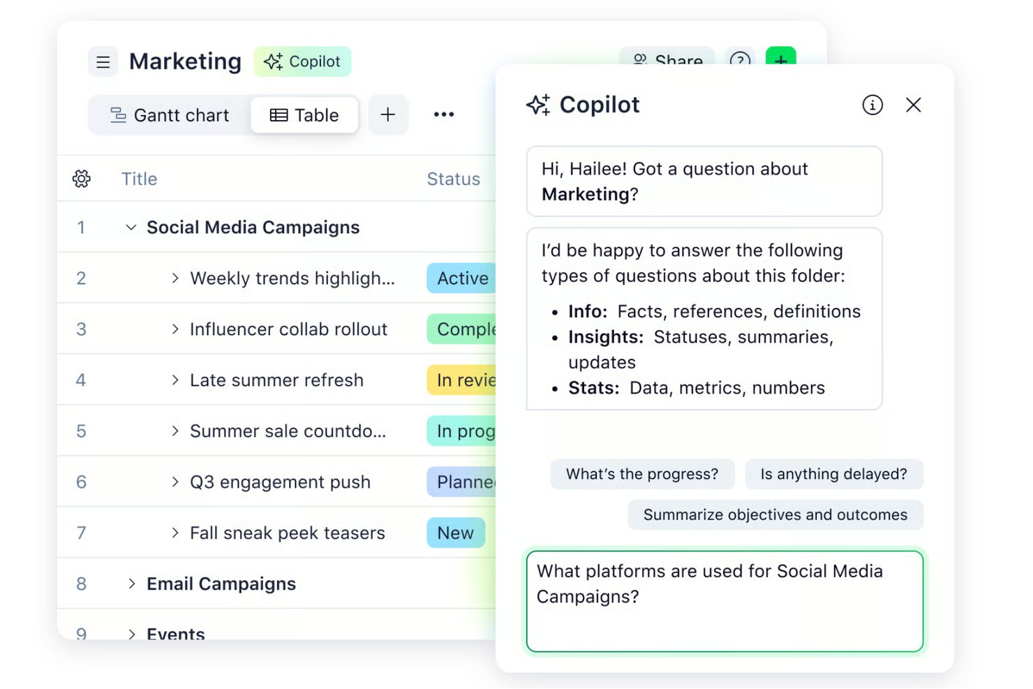 Wrike Marketing project list with Copilot AI chat panel open on right.