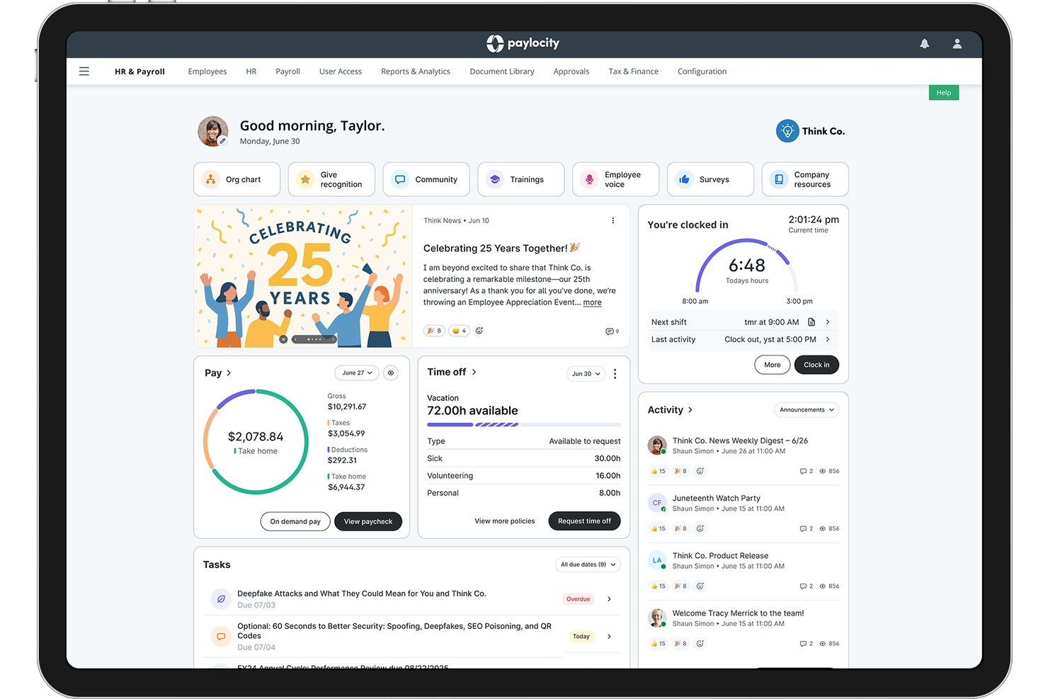 Paylocity HR dashboard showing pay summary, time off, tasks, and activity feed.