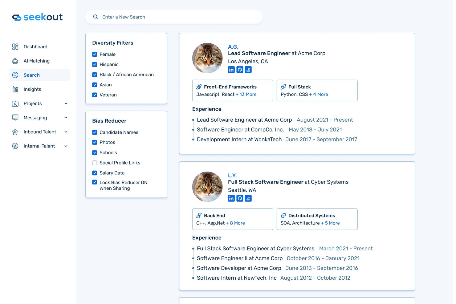 Tableau de bord de recrutement SeekOut affichant des filtres de diversité et des profils de candidats avec leurs compétences et leur expérience.