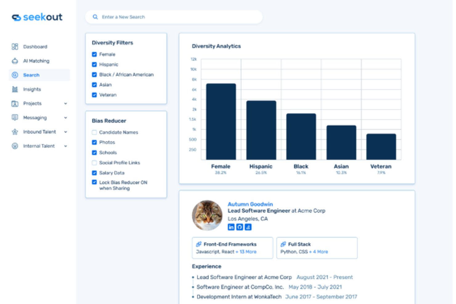 SeekOut dashboard showing diversity filters, bar chart analytics, and candidate profile.