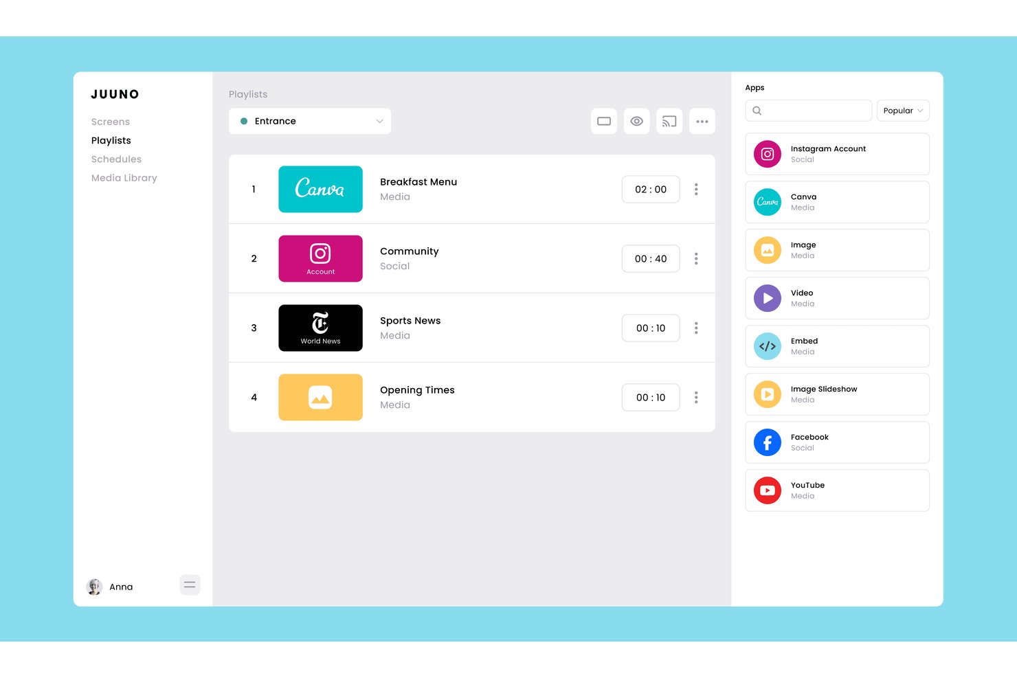 Juuno digital signage dashboard showing a playlist with four media items and app options.