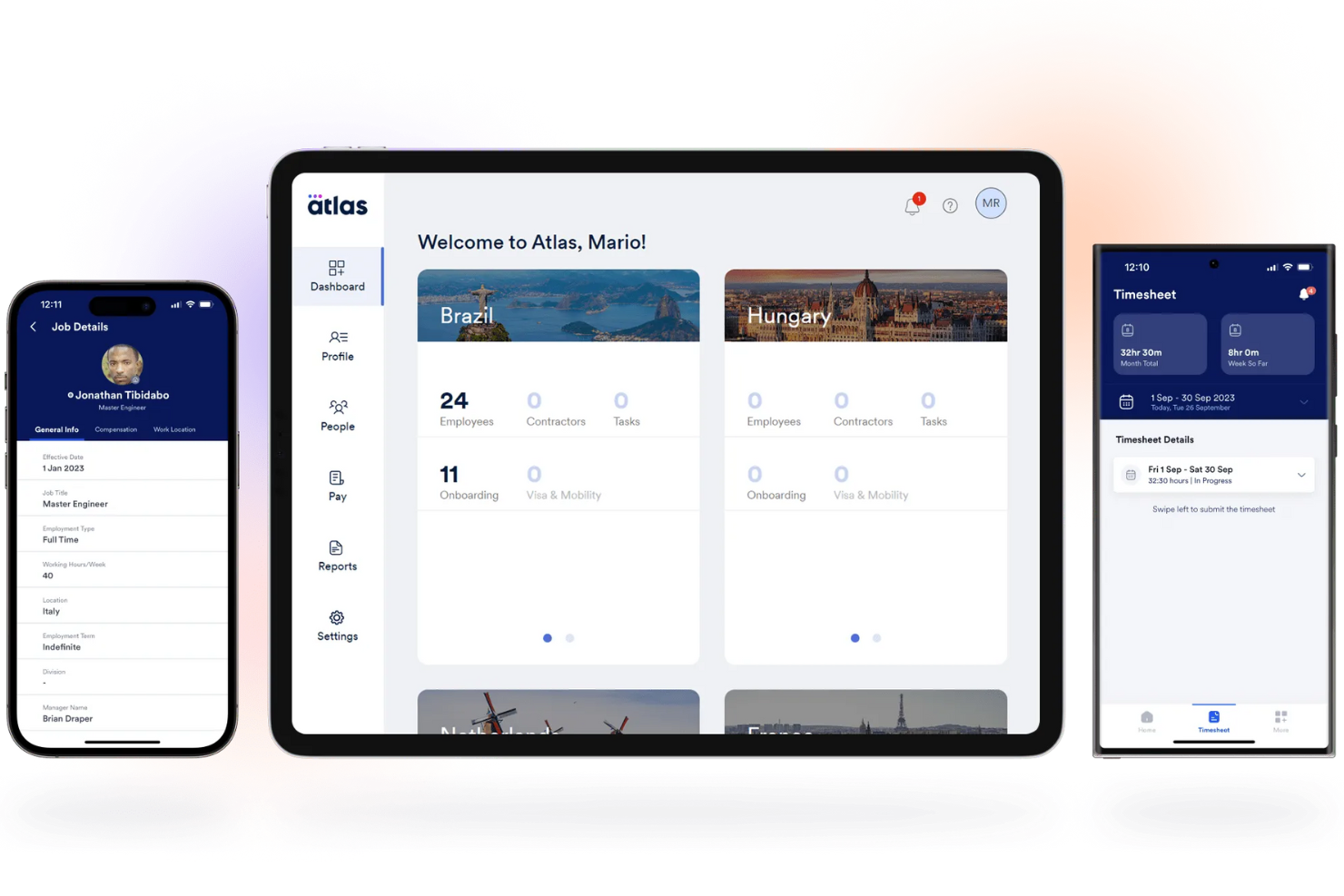 Atlas HXM app shown on tablet and two phones displaying dashboard, job details, and timesheet.