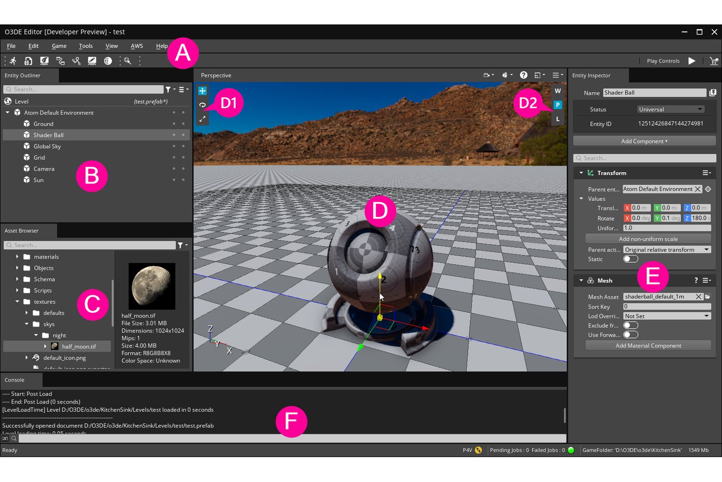 Editor di O3DE che mostra una vista 3D, l'elenco delle entità, il browser delle risorse e il pannello dell'ispettore.