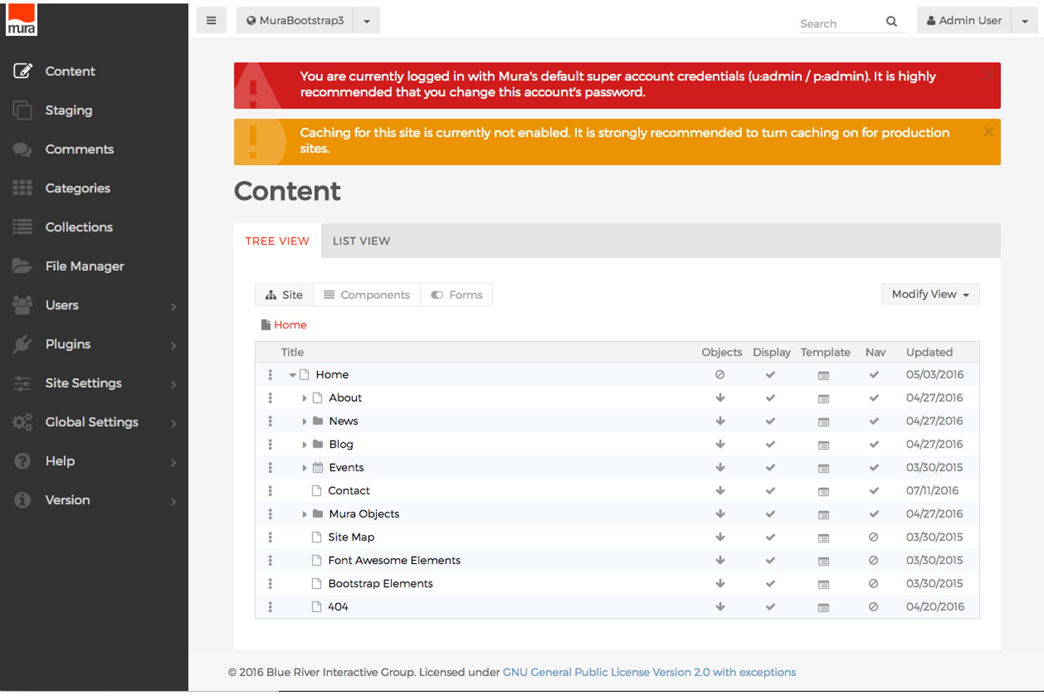 Beheerpaneel van Mura CMS met een contentboomweergave met pagina's en navigatie.