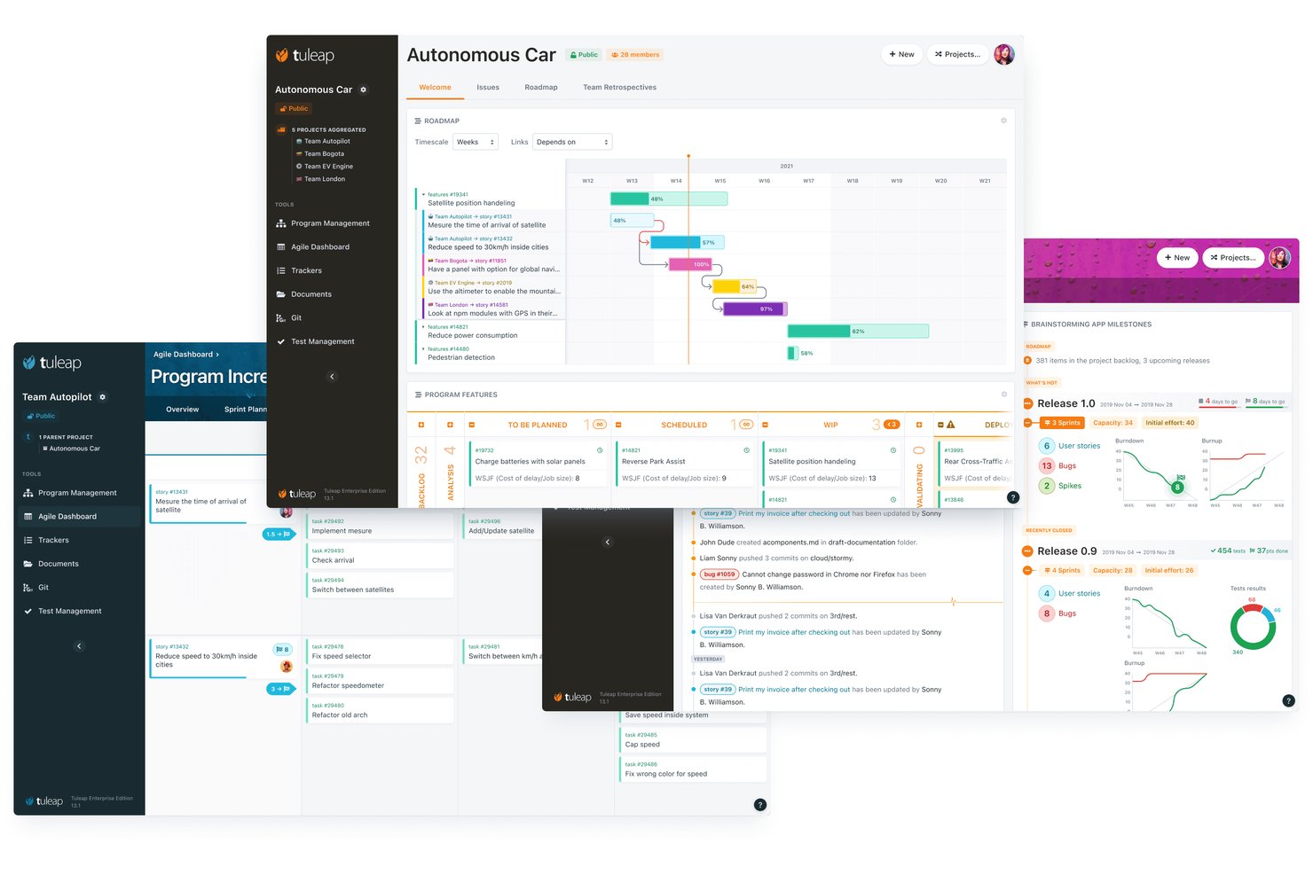 Tuleap project management dashboard showing roadmap, kanban board, and agile sprint panels.
