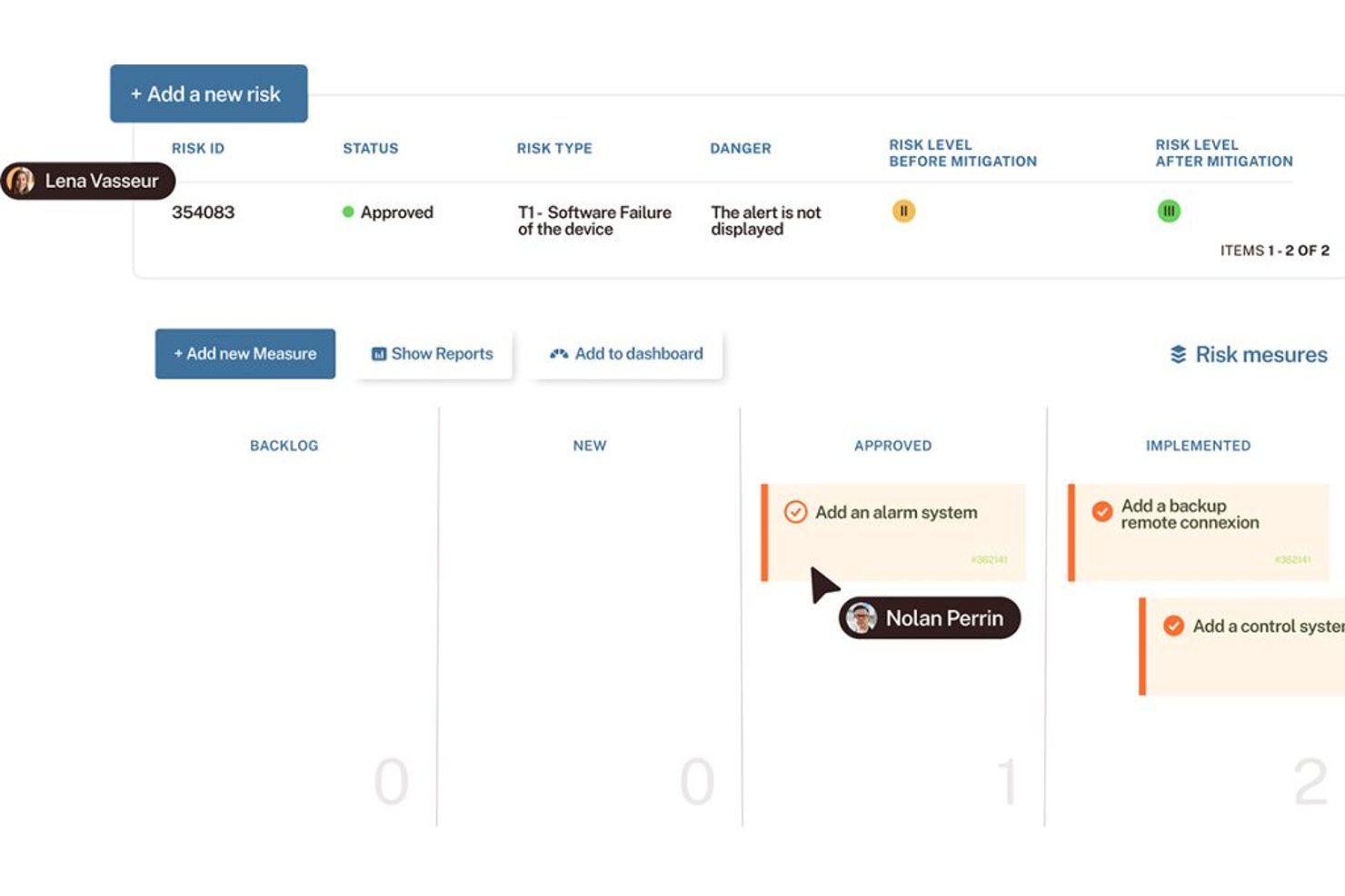 Tuleap risk management table and kanban board showing approved measures and mitigation levels.