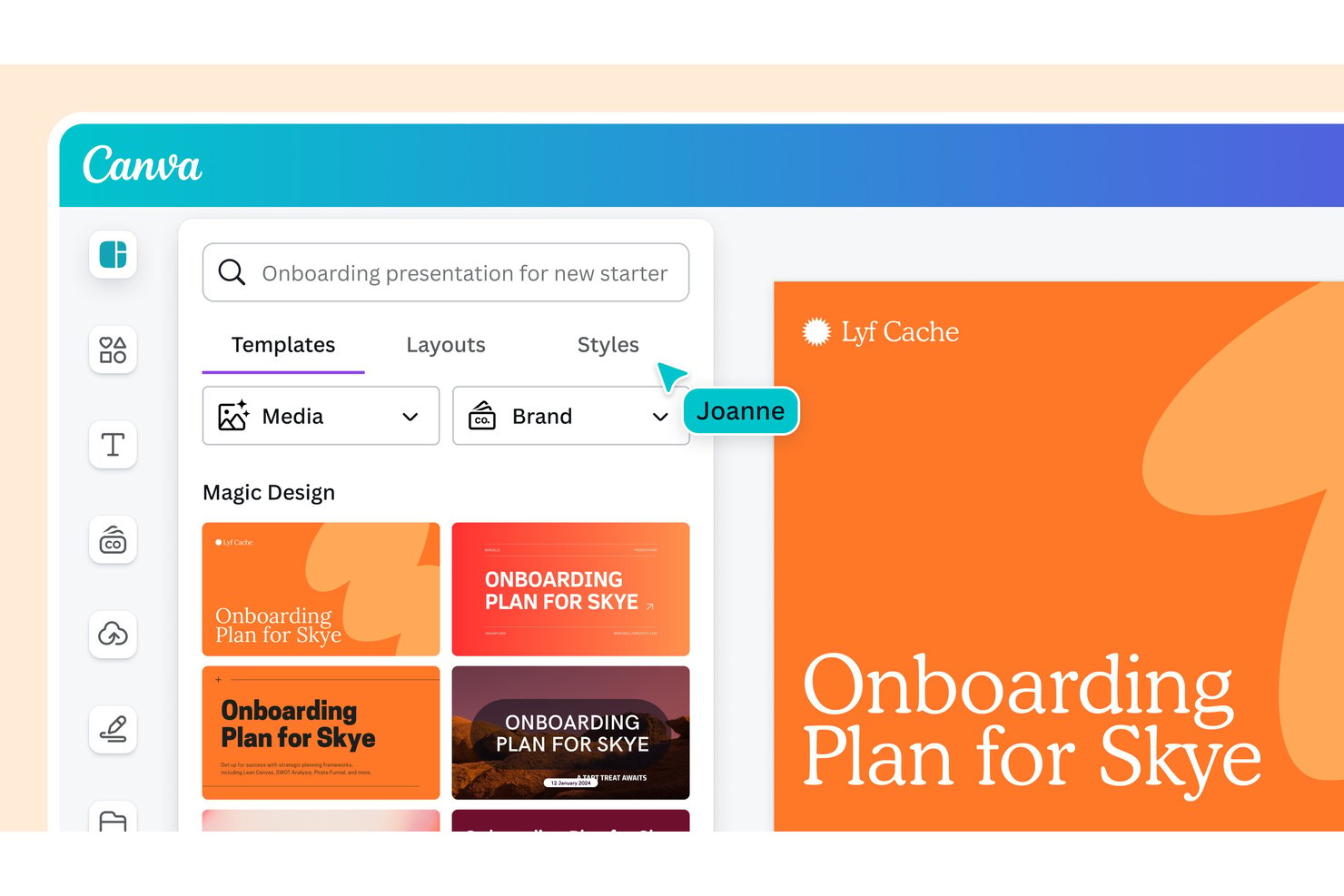 Canva Magic Design showing AI-generated onboarding presentation templates in orange branding.