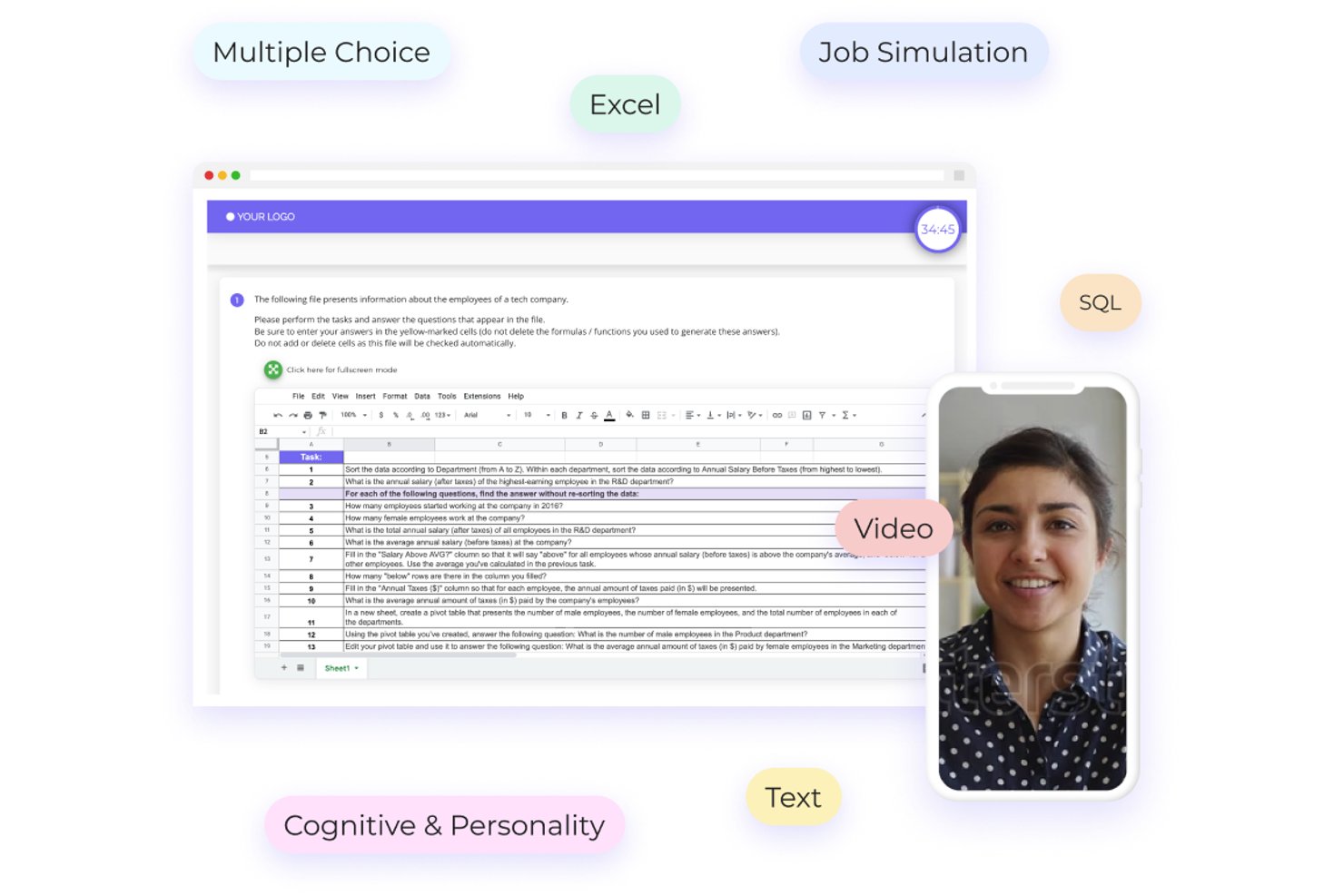 Plateforme Canditech présentant plusieurs types d’évaluations, notamment Excel, vidéo, SQL et choix multiple.