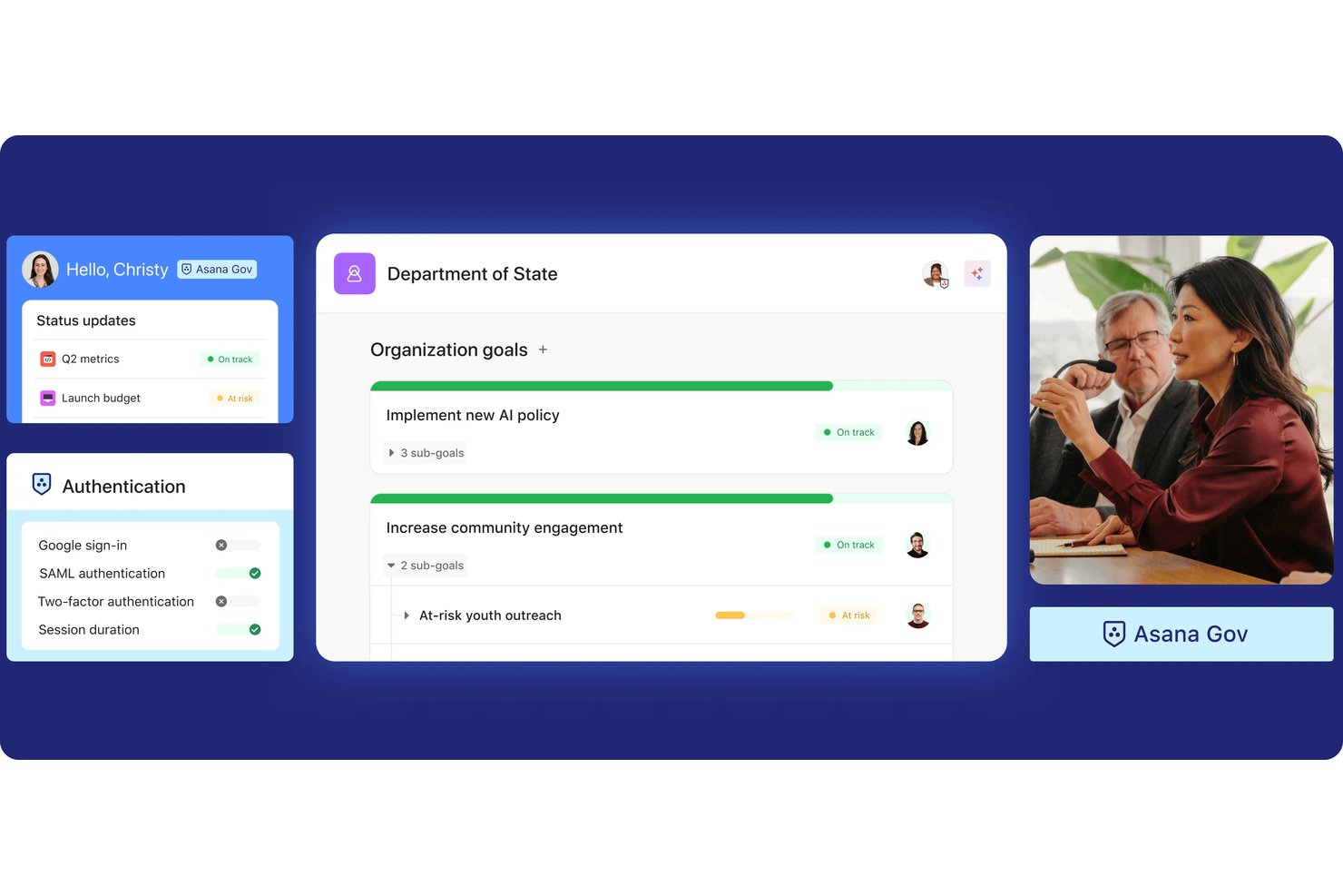 Asana Gov dashboard showing Department of State goals and authentication settings.