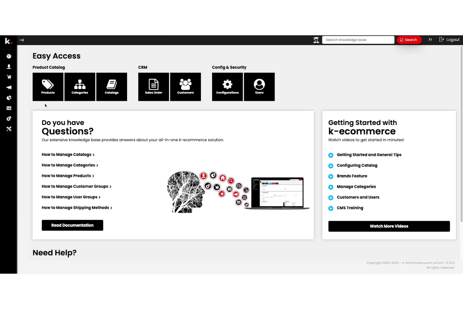 Tableau de bord d’administration de K-eCommerce avec des raccourcis d’accès rapide pour les produits, le CRM et les paramètres.