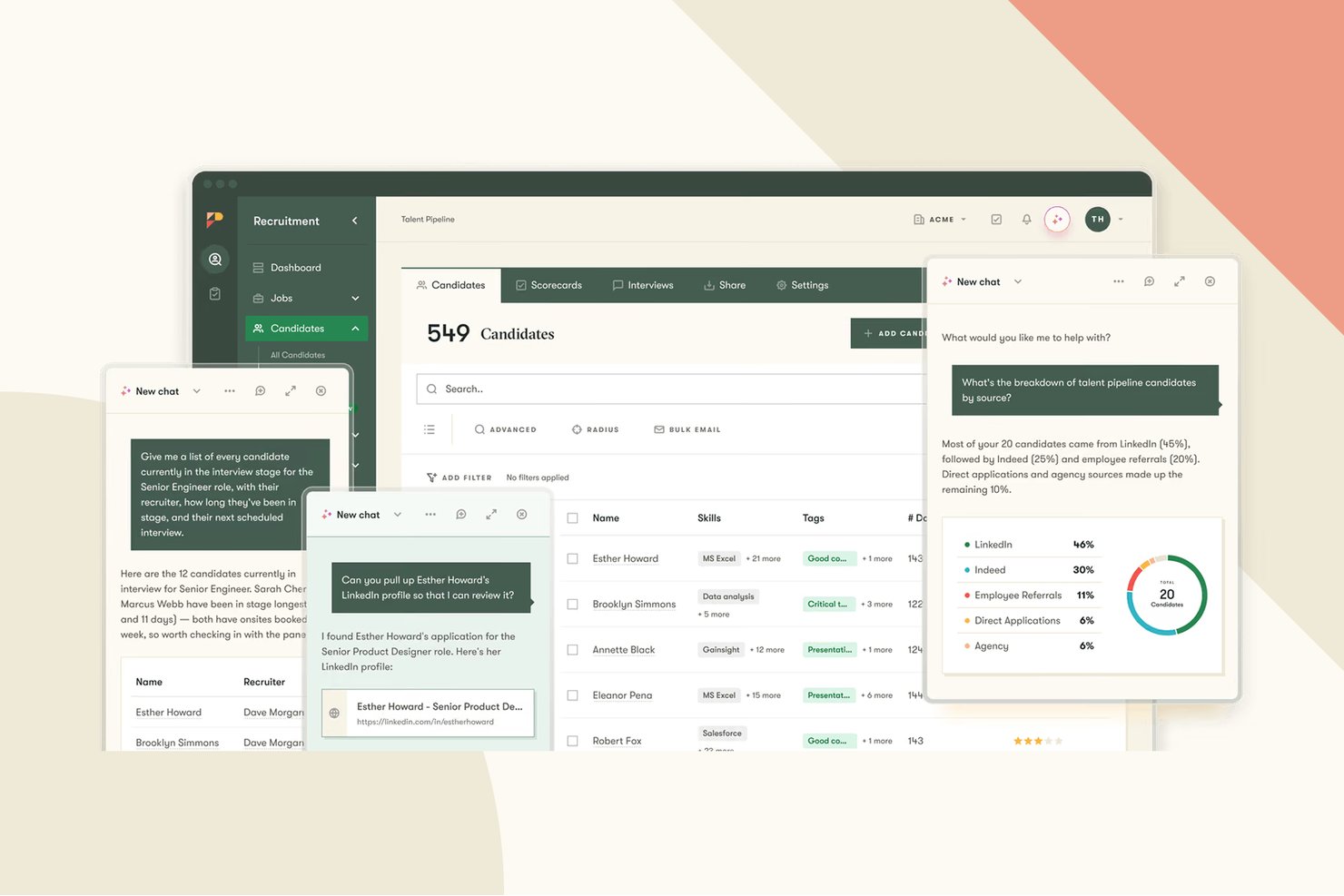 Pinpoint recruitment dashboard showing candidate pipeline, AI chat, and source breakdown chart.