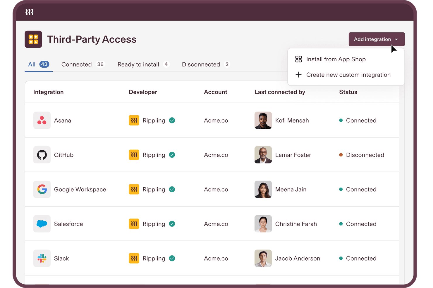Rippling IT Third-Party Access dashboard listing integrations, developers, and connection statuses.