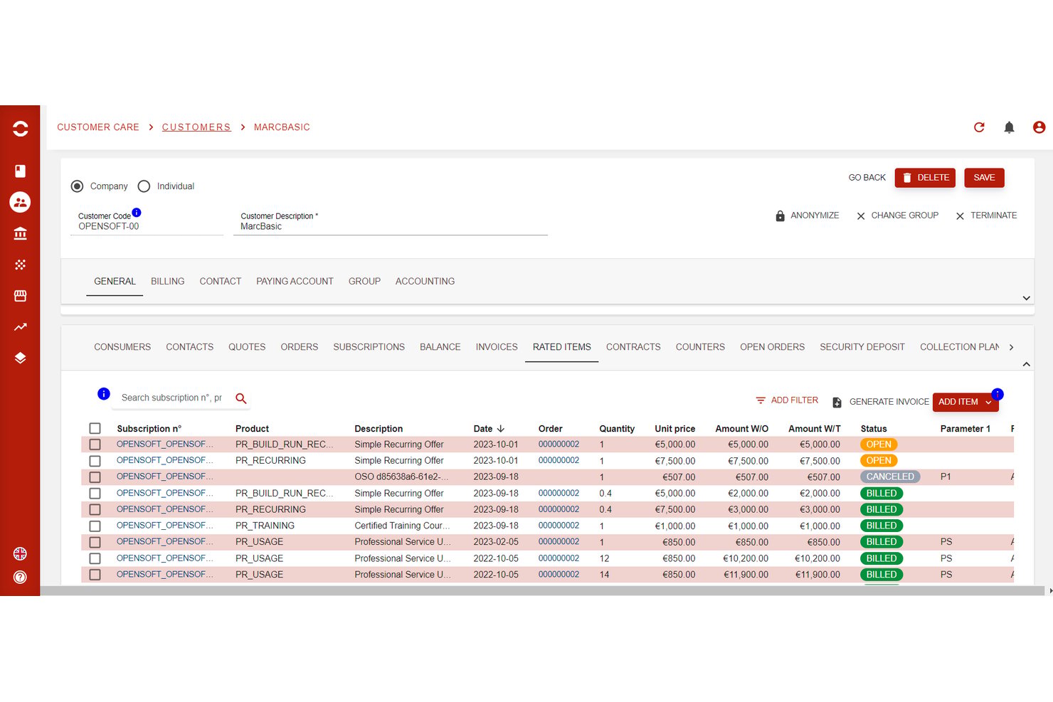 Opencell customer care screen showing rated items list with billing statuses and amounts.