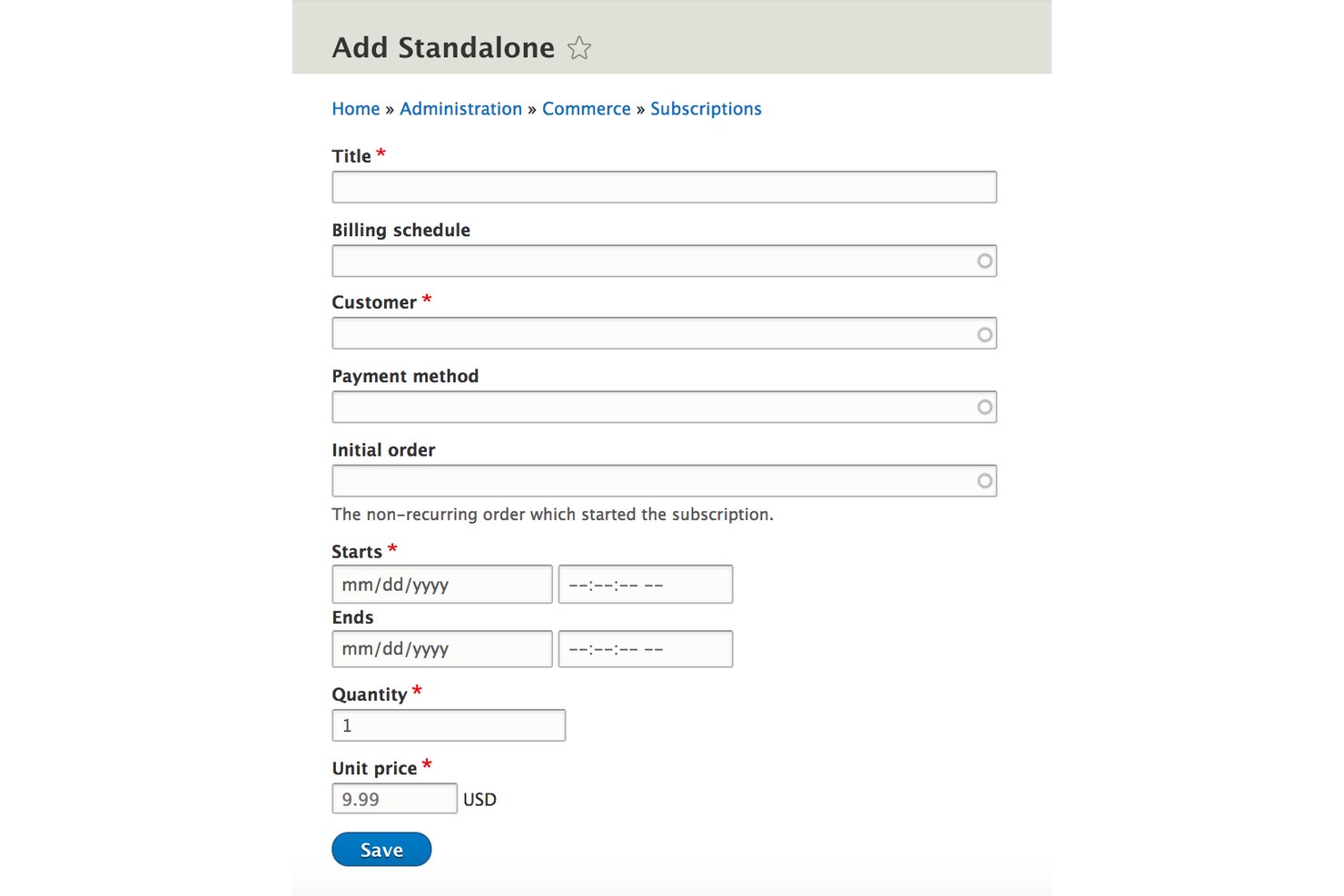 Drupal Commerce form to add a standalone subscription with billing, customer, and pricing fields.