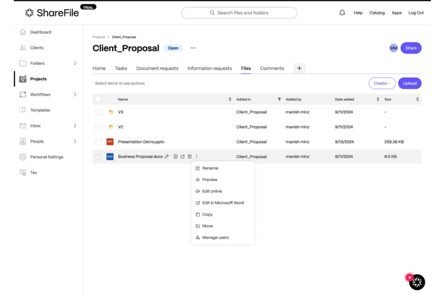 Bestandsbeheer van Progress ShareFile met contextmenu met opties voor Kopiëren en Verplaatsen.