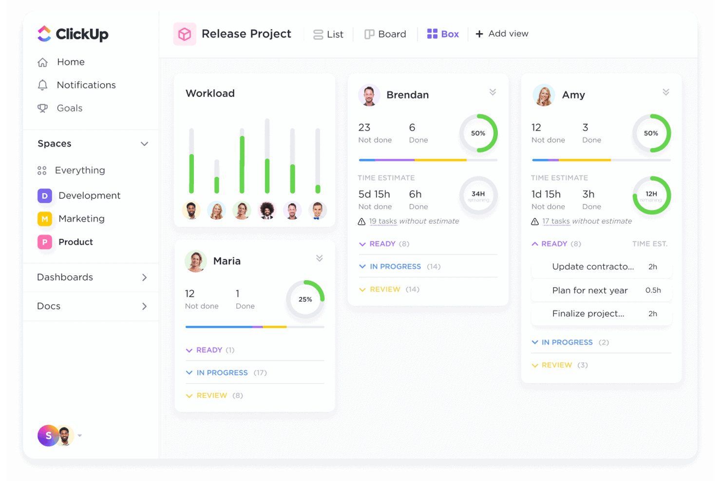 ClickUp Box view showing team workload, task status, and time estimates for three members.
