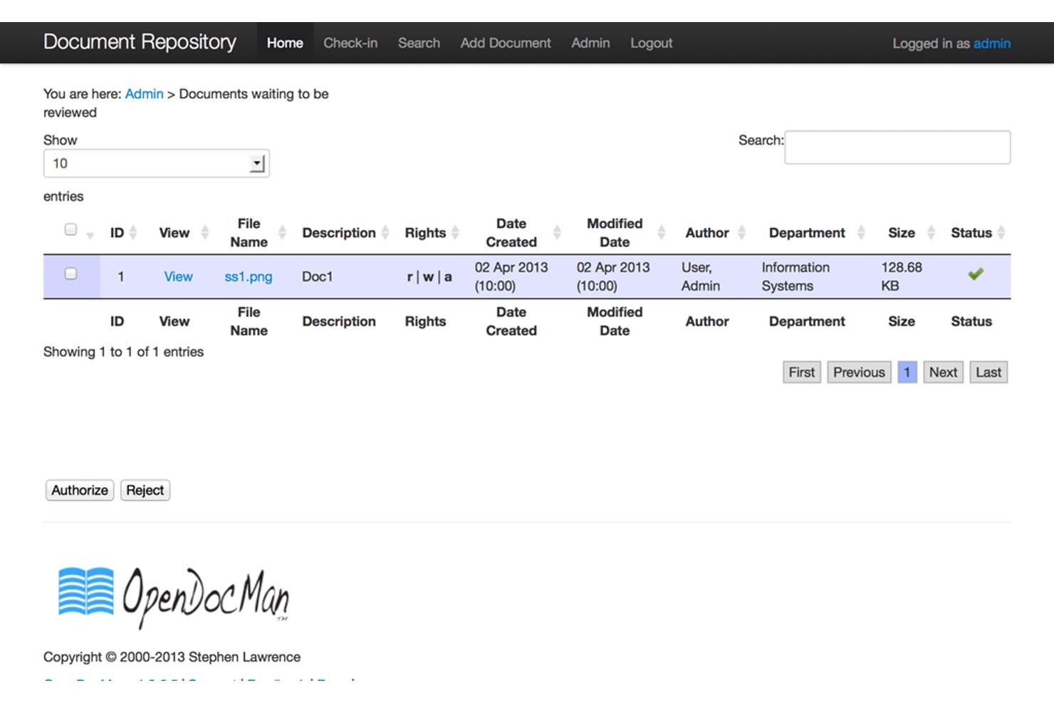OpenDocMan admin panel showing documents waiting to be reviewed with authorize and reject buttons.