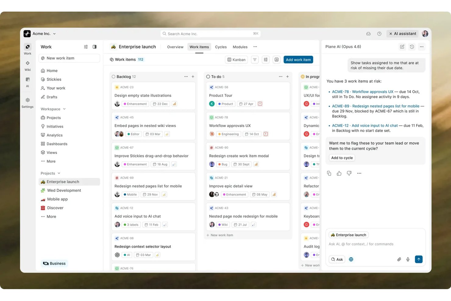 Plane kanban board with AI assistant panel showing three at-risk work items.