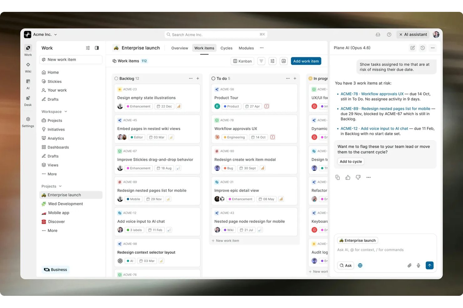 Plane project management Kanban board with AI assistant panel showing at-risk tasks.
