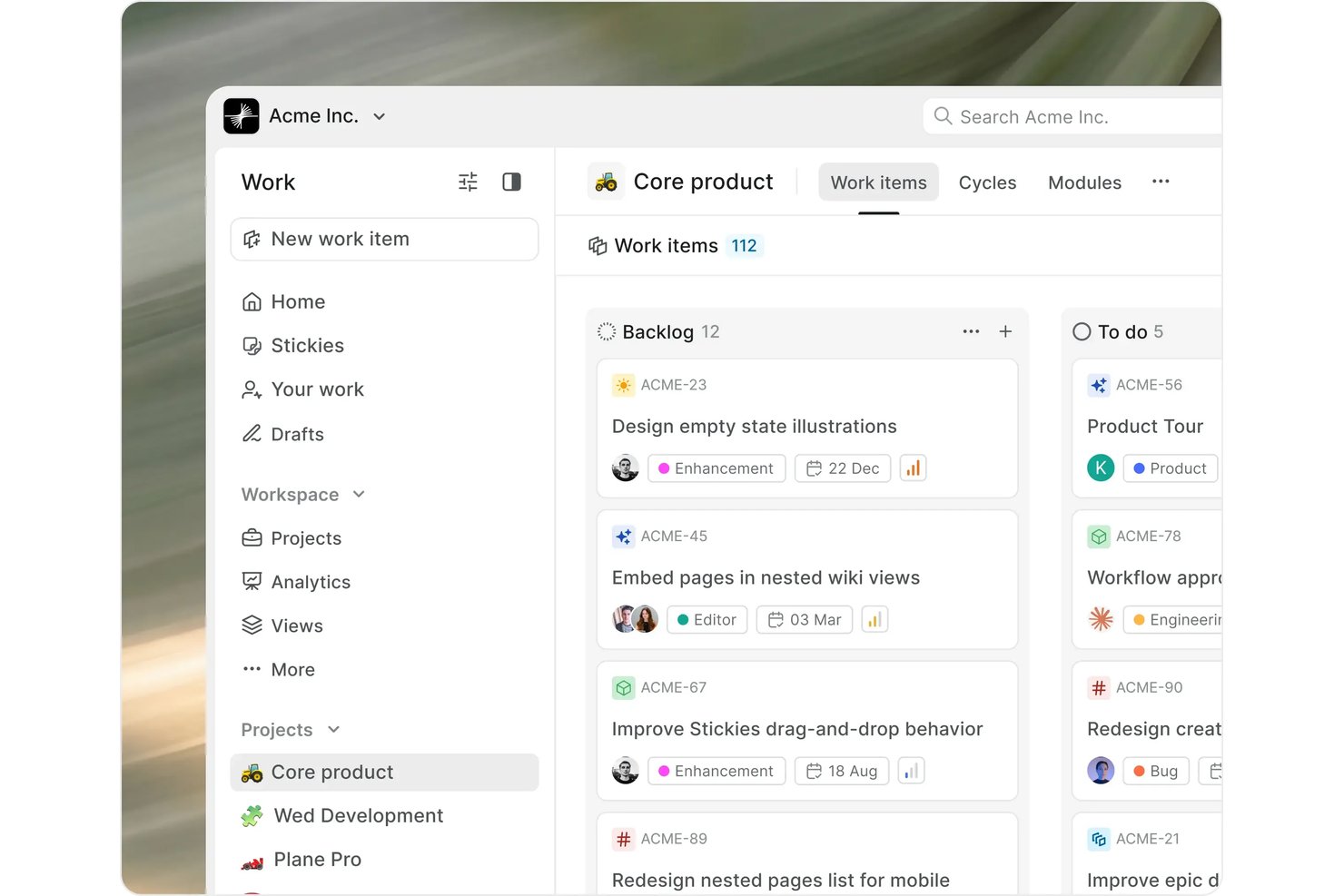 Plane kanban board showing Backlog and To Do columns with work items.