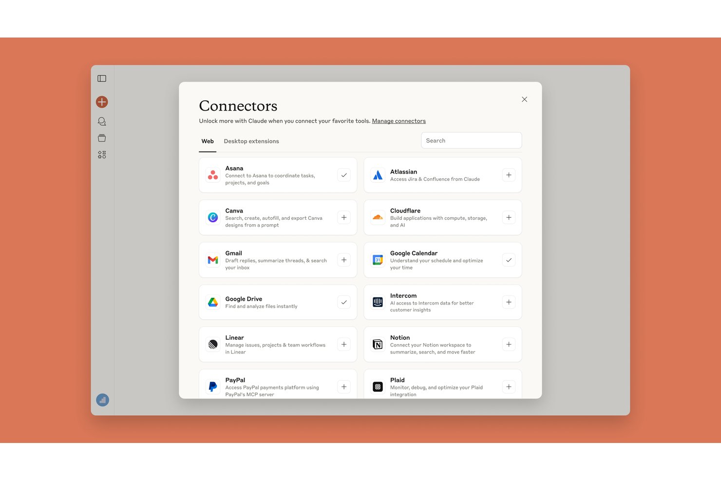 Claude Connectors modal showing integrations like Asana, Gmail, Notion, and Google Drive.