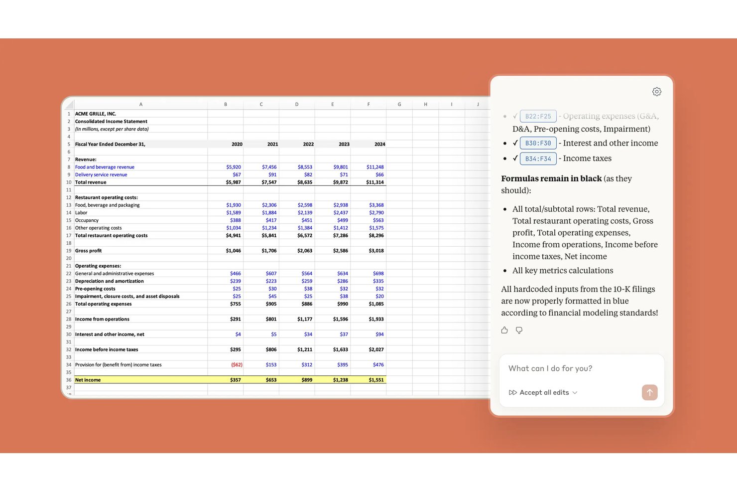 Claude AI editing a spreadsheet income statement with a chat panel showing formatting suggestions.