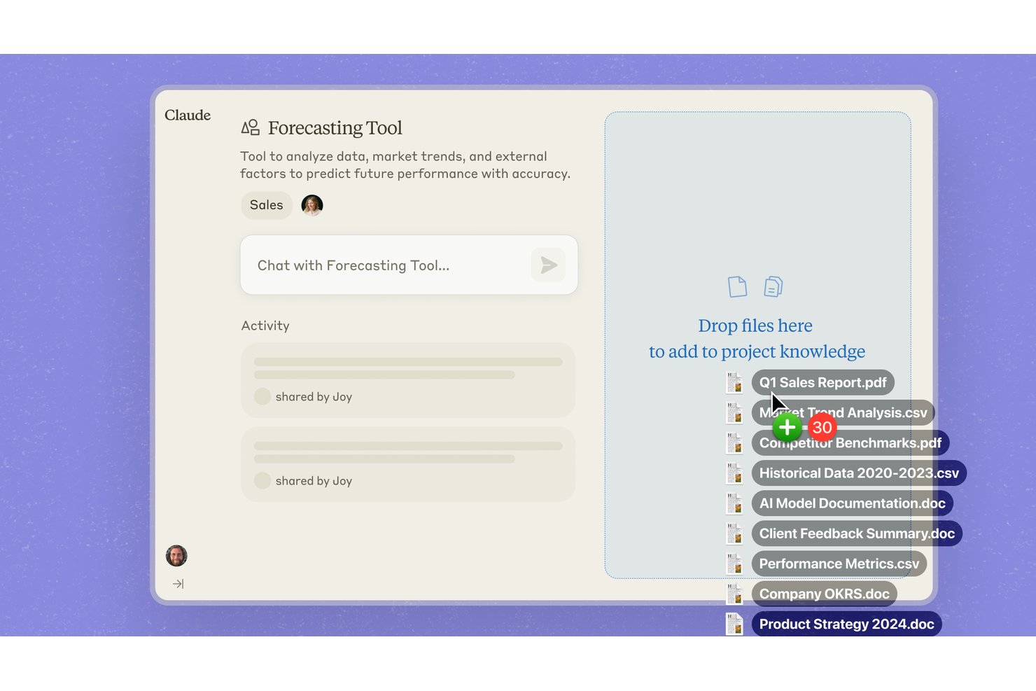 Claude Forecasting Tool interface with file drop zone and 30 uploaded documents.
