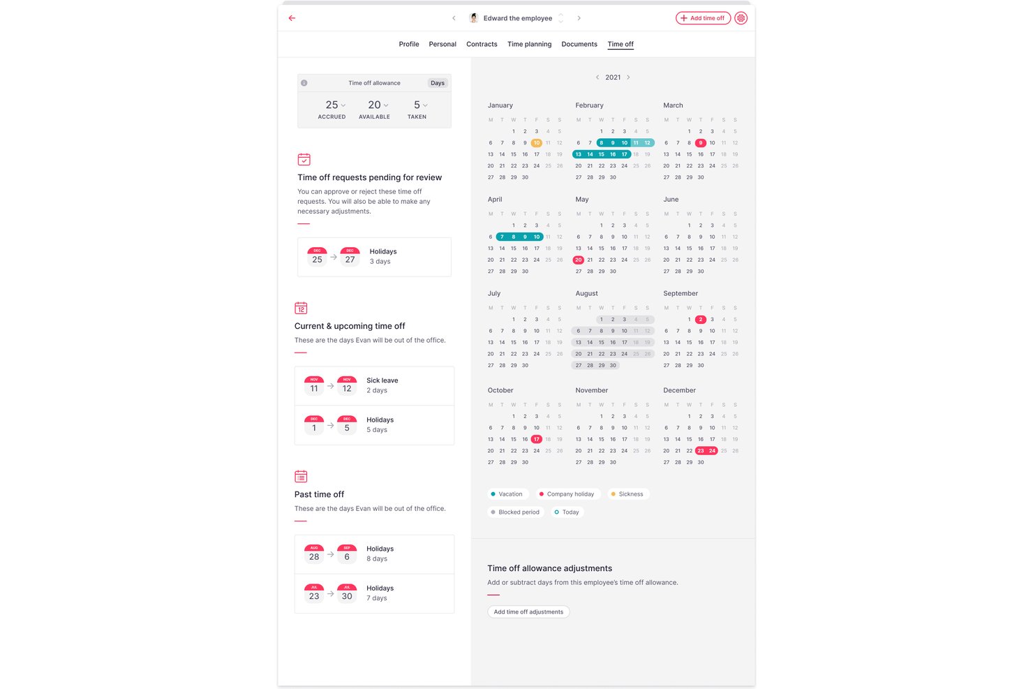Employee time-off management screen showing calendar, requests, and allowance summary.