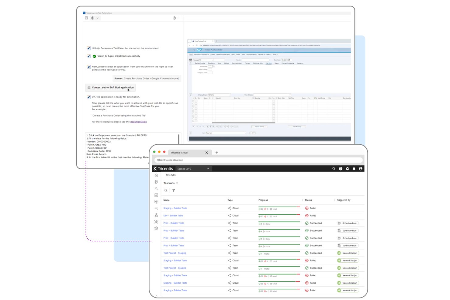 Tricentis Tosca-gebruikersinterface met AI-testgeneratie en dashboard voor cloudtestuitvoeringen.
