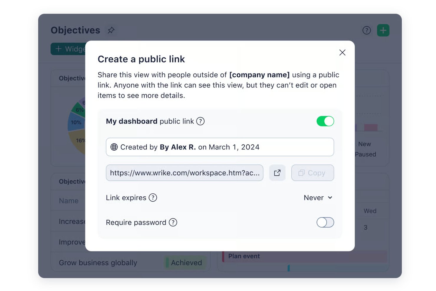 Modal dialog for creating a public link to a Wrike dashboard with copy and expiry options.