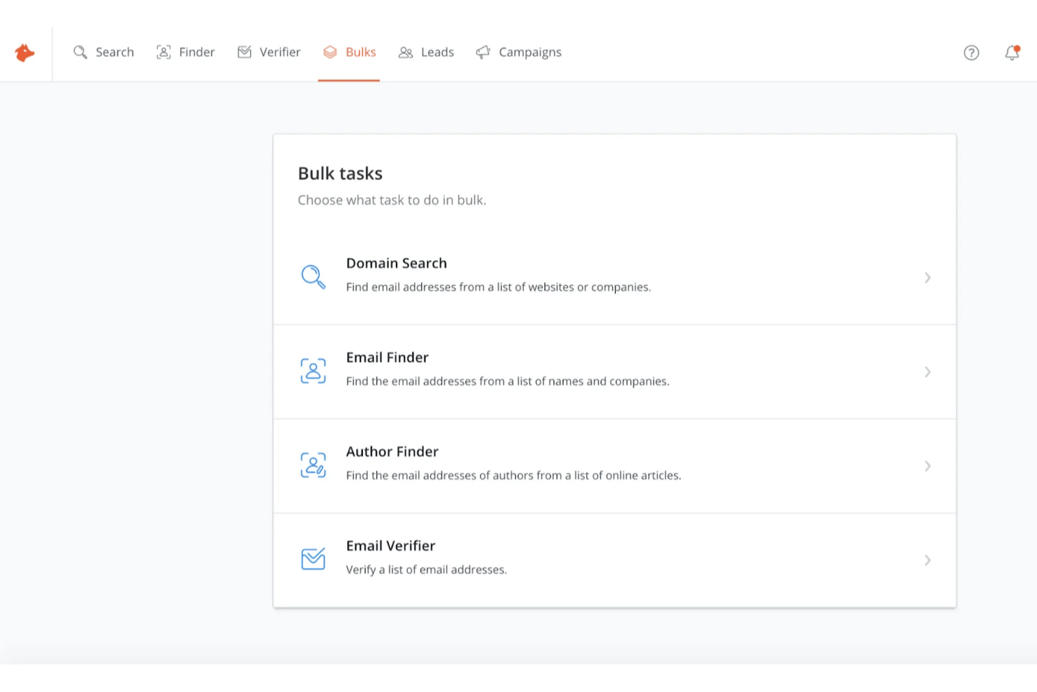 Hunter Bulks page showing four bulk task options for email search and verification.