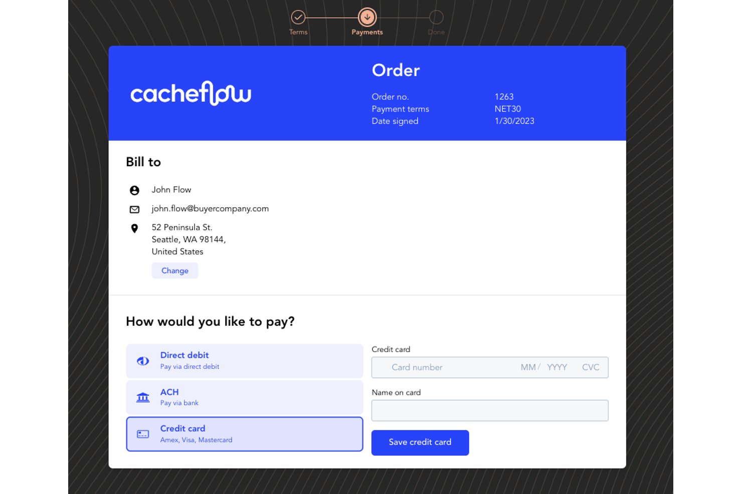 Écran de paiement d'une commande Cacheflow avec options de carte bancaire, ACH et prélèvement automatique.