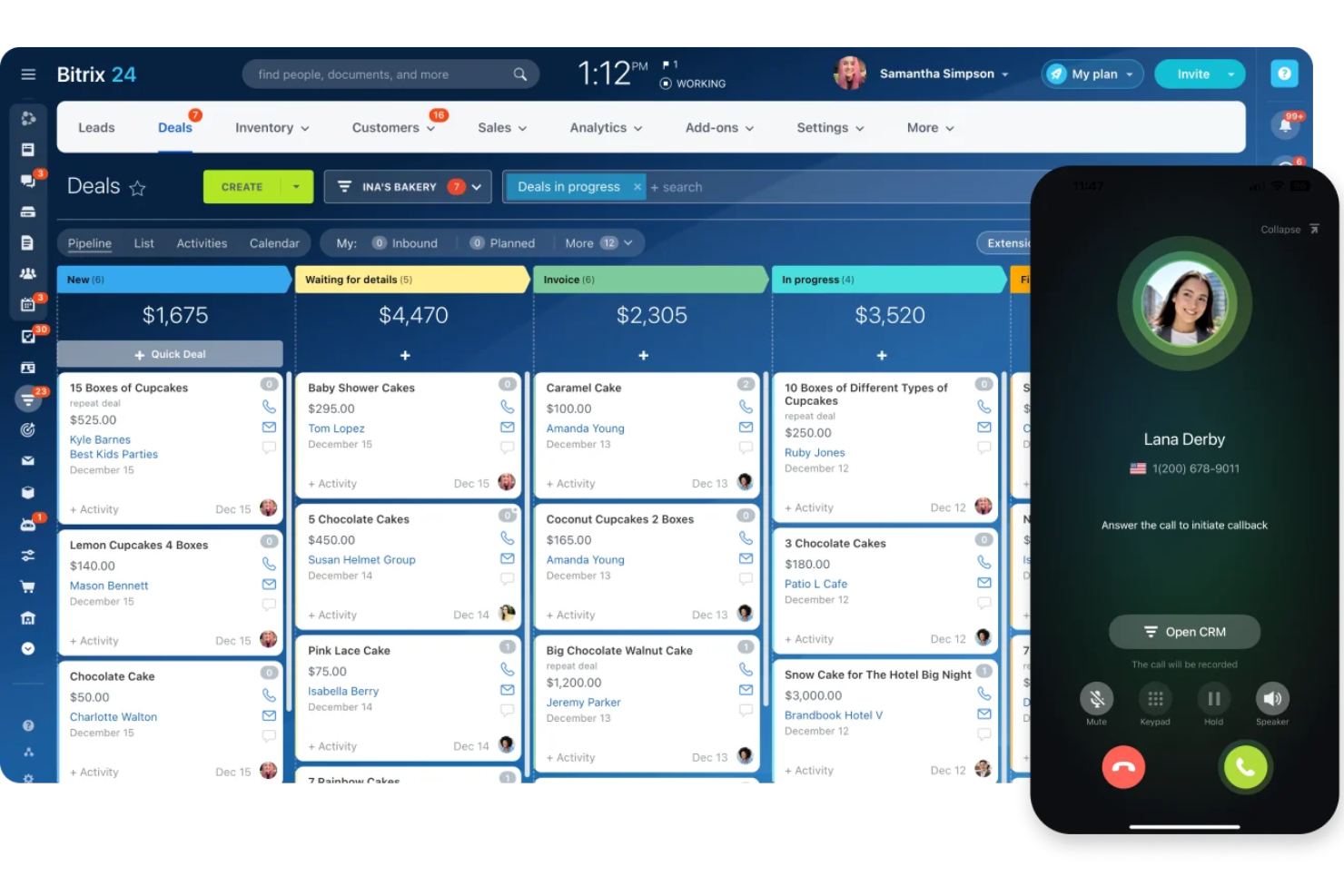 Bitrix24 CRM deals pipeline view with an incoming mobile call overlay.
