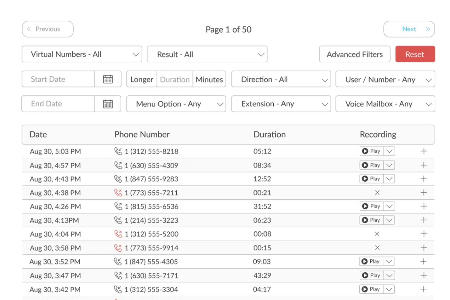 Call log dashboard showing date, phone number, duration, and recording playback controls.